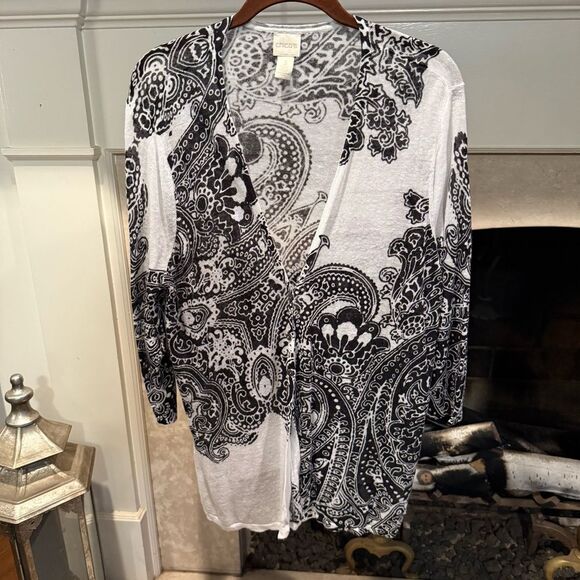 Chico's Lightweight Black and White Paisley Cardigan Sweater Size XL - Picture 1 of 4
